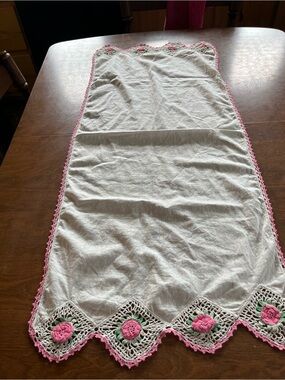 Hand-Crocheted Pink Rose Crochet Edge Table Runner